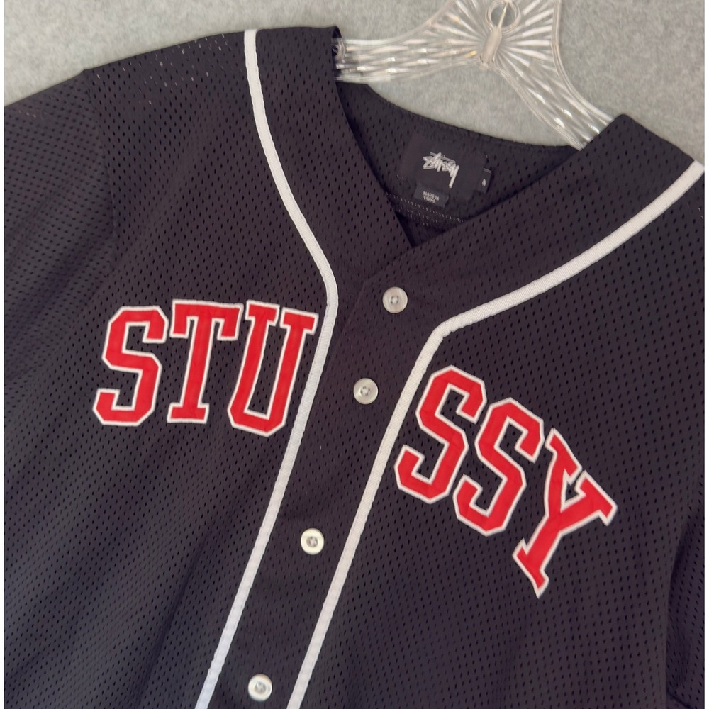 Stussy Baseball Jersey Mens Medium Black Mesh Button Down Short Sleeve Logo